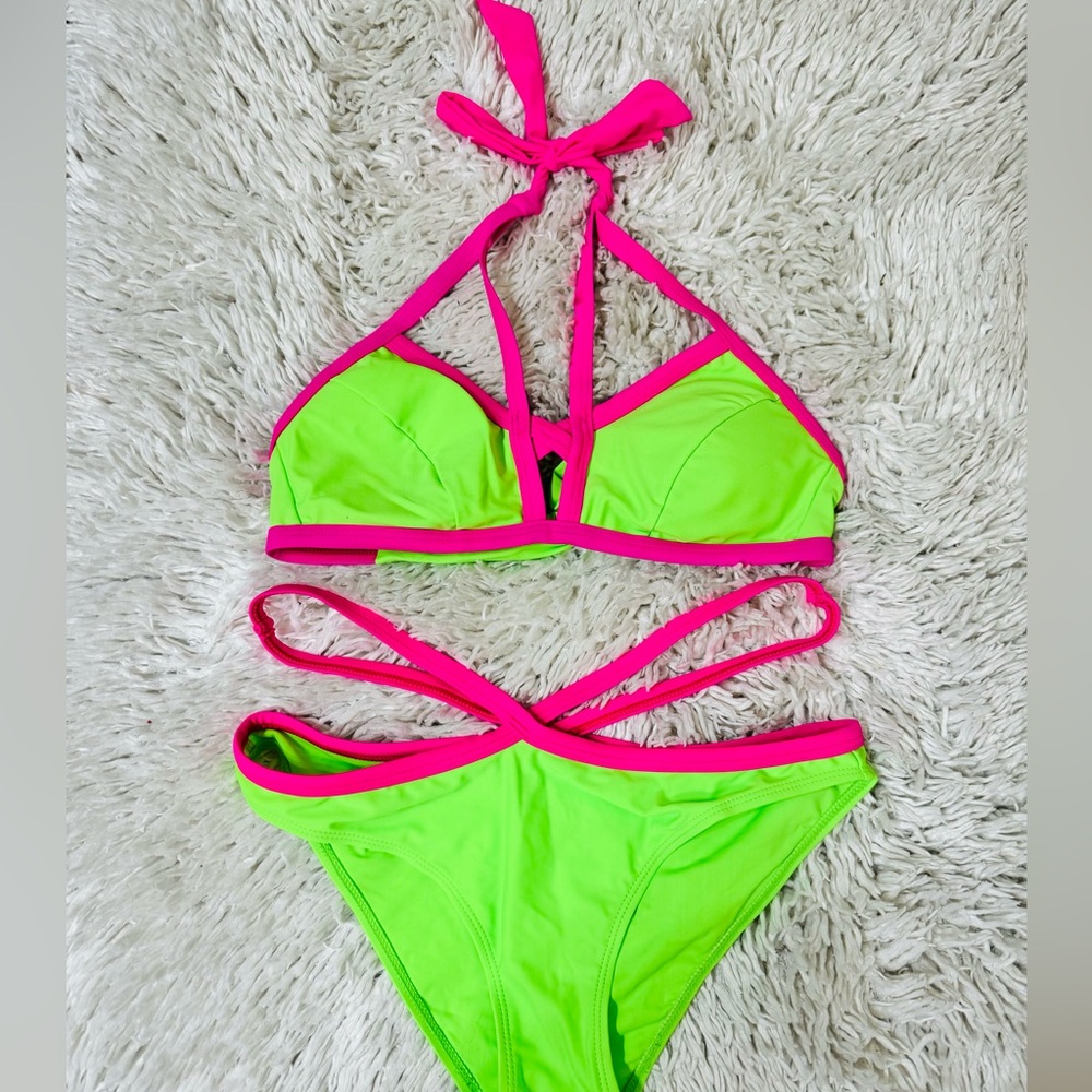 New hot pink and lime green women’s swimsuit bikini size large 8-10